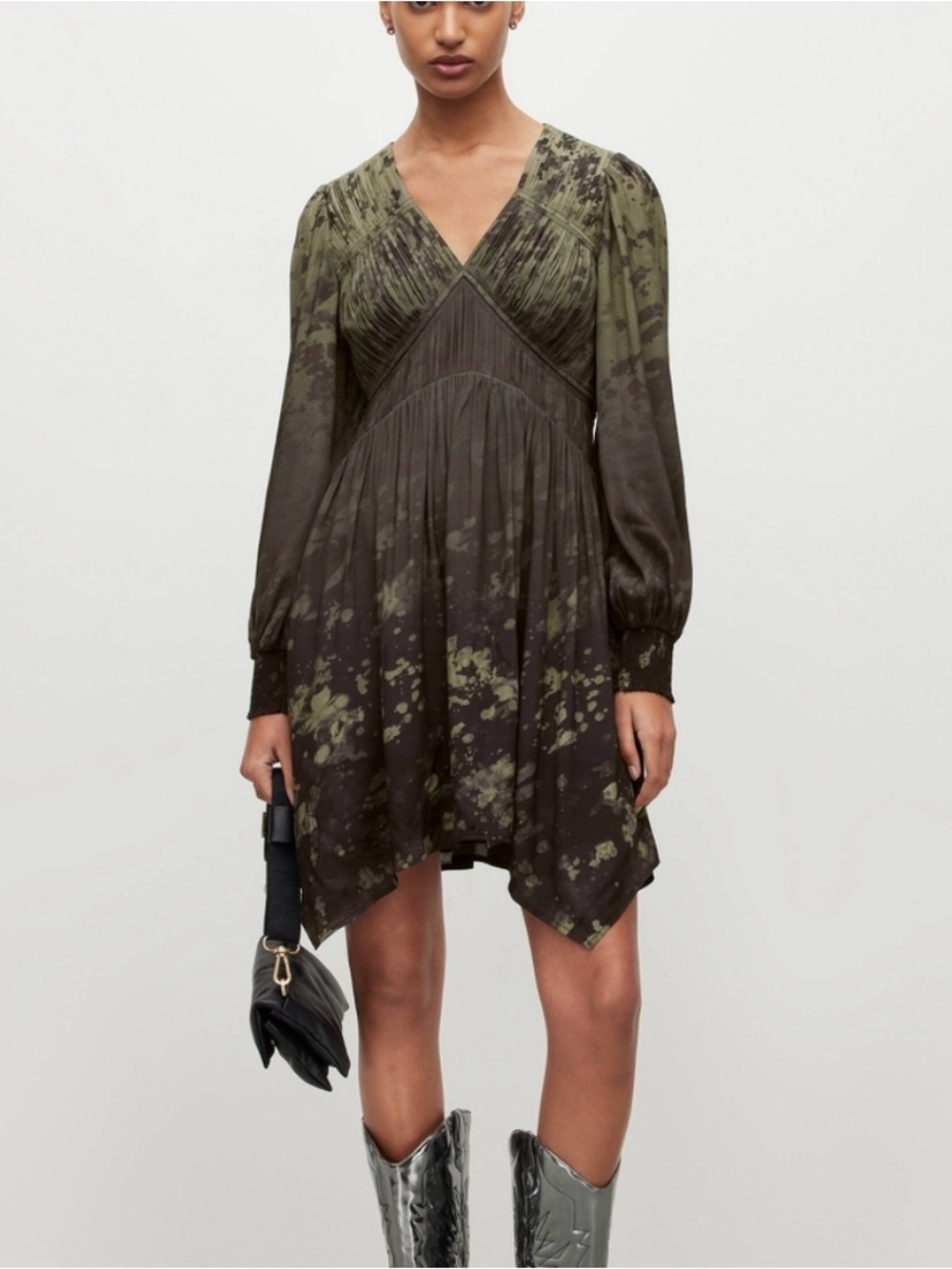 Allsaints Esta Gaia Long Sleeve Asymmetric Hem Silk Dress 2 XS